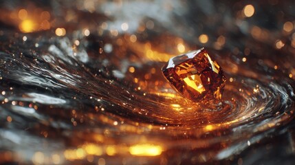 Sparkling crystal floating on rippling surface in a glowing orange and black setting