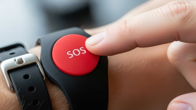 Persons finger pressing a red sos button on a smartwatch for emergency help