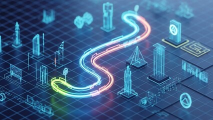 A multi-colored glowing digital path winds through an isometric futuristic city of data structures and holographic buildings, representing smart city networks.