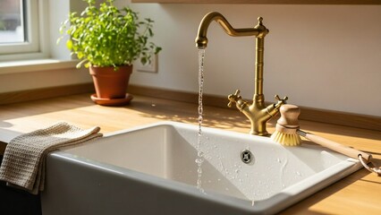A stream of fresh water flows from a vintage brass faucet into a white kitchen sink on a sunny day.