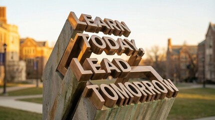 A motivational monument displaying "LEARN TODAY LEAD TOMORROW" stands prominently on a university campus during a beautiful sunset.