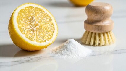 A halved lemon, a pile of baking soda, and a wooden cleaning brush are set on a white marble surface, representing natural cleaning ingredients.