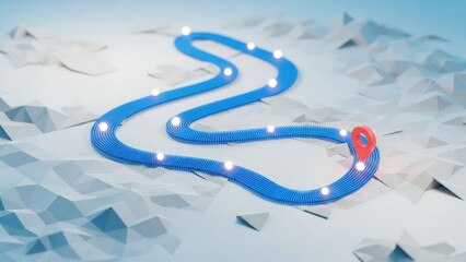 A bright blue winding path, illuminated by glowing markers, leads to a prominent red GPS location pin on a stark white abstract landscape.