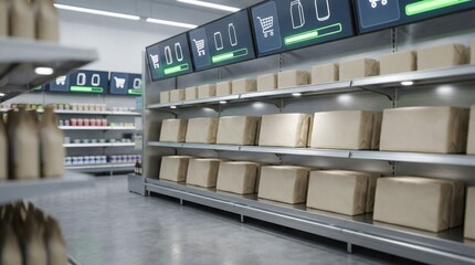 Long aisles of shelves filled with numerous cardboard boxes and interactive digital screens in a modern automated warehouse or supermarket.