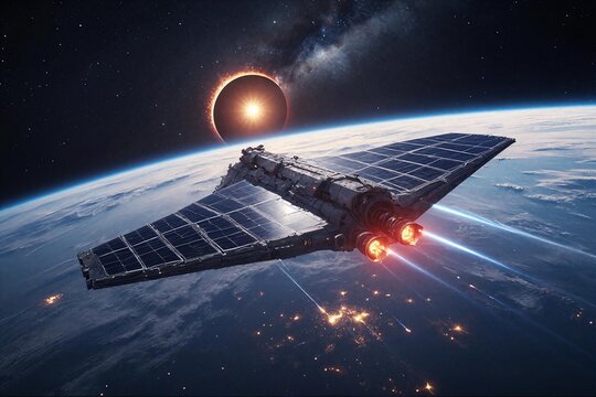 Futuristic Spacecraft Orbiting a Planet During a Solar Eclipse
