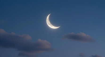 Beautiful Crescent Moon in Night Sky with Soft Clouds blue