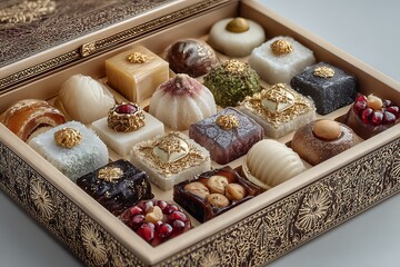 Assorted luxury desserts in ornate gold box for special occasions and events