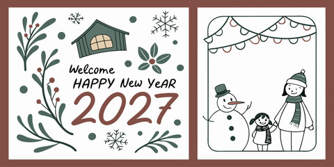 Happy New Year 2027 &ndash; Festive Greeting with Snowman, Family Scene & Holiday Decor
