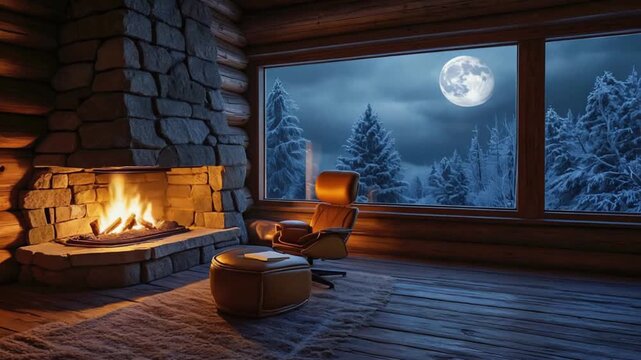 Cozy interior scene of a living room with a roaring fireplace and large window showcasing a full moon and snowy forest landscape at night