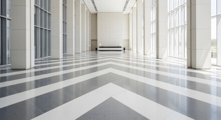 Spacious modern hotel lobby atrium with white columns and patter