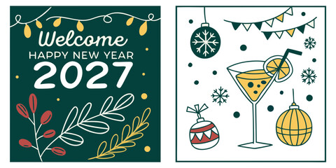 Happy New Year 2027 &ndash; Festive Greeting with String Lights, Cocktail & Holiday Ornaments