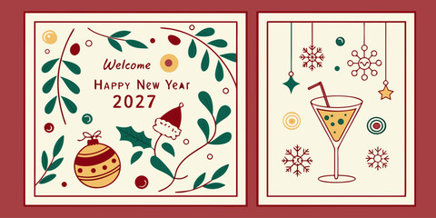 Happy New Year 2027 &ndash; Festive Greeting with Santa Hat, Holly & Cocktail Celebration Decor
