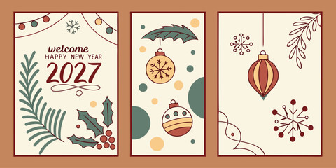 Happy New Year 2027 &ndash; Festive Trio with Holly, Ornaments & Decorative Swirls