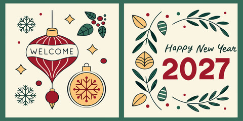 Happy New Year 2027 &ndash; Festive Greeting with Ornaments, Holly & Decorative Berry Accents