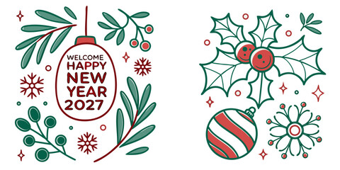 Happy New Year 2027 &ndash; Festive Greeting with Ornaments, Holly & Floral Holiday Accents