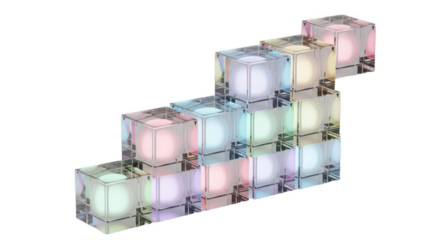 Illuminated rgb crystal cubes arranged in a staircase pattern on transparent background