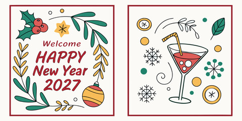 Happy New Year 2027 &ndash; Festive Greeting with Holly, Golden Star & Cocktail Celebration Accents