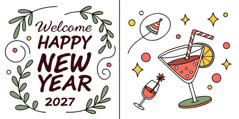 Happy New Year 2027 &ndash; Festive Greeting with Confetti, Cocktails & Party Hat Celebration