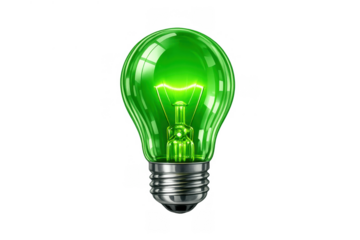 Green light bulb glowing, visualizing eco energy, sustainability, idea, environment, innovation concept on transparent background