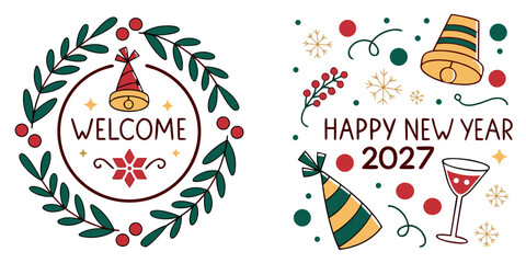 Happy New Year 2027 &ndash; Wreath Welcome with Party Hats, Confetti & Festive Cocktail Celebration