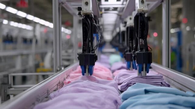 Agile robotic arms swiftly sort laundry items by fabric and shade showcasing flexible motion in a dynamic medium shot.