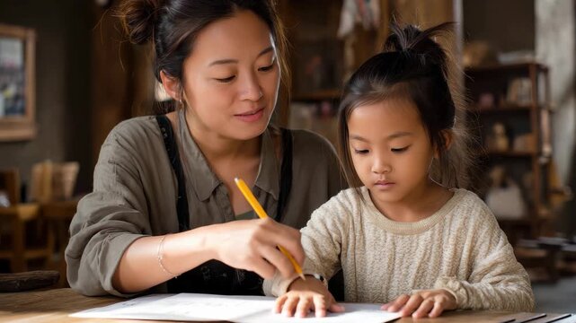 Young Asian woman teaches her daughter academic skills while sitting at a wooden table in a cozy and well-lit indoor environment