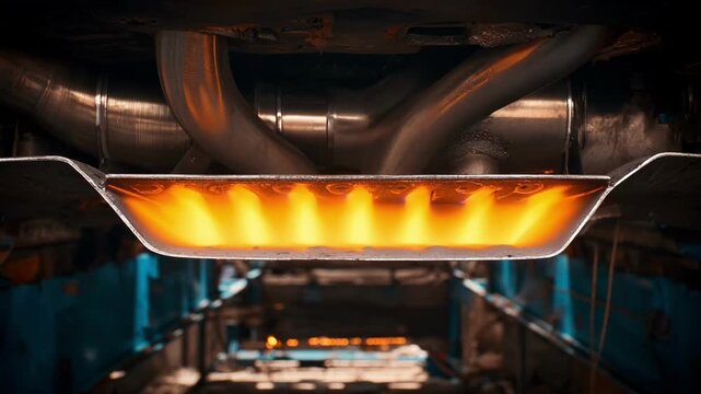 Medium shot of an exhaust system being treated with a protective nanocoating to withstand damage from salty road sprays and moisture.