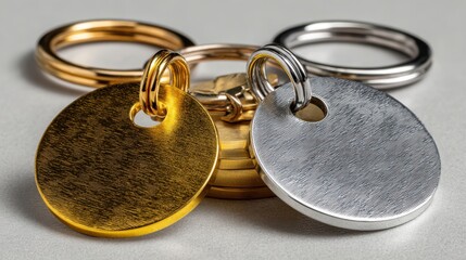 Blank gold and silver pet ID tags on a white background, round metal tags for pet identification, engraving, and accessories.