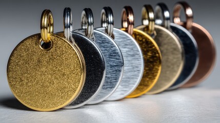 Blank gold and silver pet ID tags on a white background, round metal tags for pet identification, engraving, and accessories.