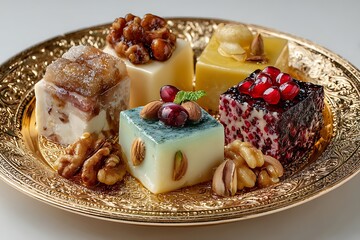 Assorted traditional Middle Eastern sweets on gold plate with nuts