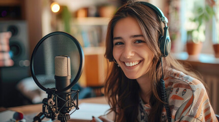 Smiling young female podcaster wearing headphones and recording audio with a microphone in a cozy home studio, creating digital content for podcasting and media