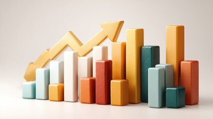 Colorful bar graph with golden arrow isolated on white background, representing business growth and financial success