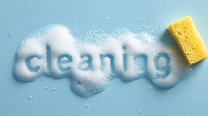 The word "cleaning" written in thick soap foam and a yellow sponge on a blue background. Banner with copy space. Cleaning service and premises maintenance concept.
