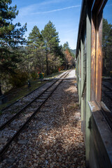 Fototapeta premium A close perspective from the side of an old green train carriage reveals railway tracks and a leafy forest setting on a sunny day. 