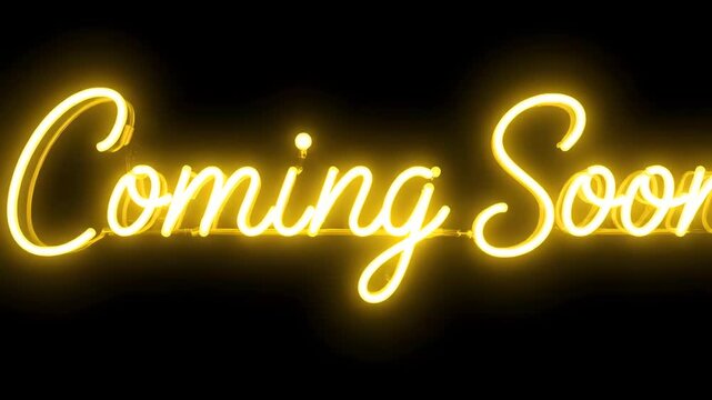 Neon Sign Coming Soon Yellow Glowing Text on Black Background
