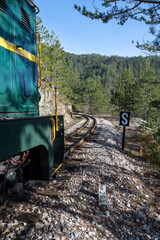 Photograph taken from the side of an old-style train car, showcasing railroad tracks leading through a forested landscape with deciduous and evergreen trees. 