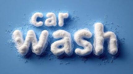 mock up with inscription "Car Wash" written in thick soapy foam on a blue background. Banner with copy space for car service and maintenance automobile