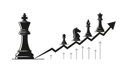 Strategic business growth concept with chess pieces on upward trend graph
