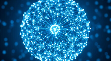 Glowing blue network sphere with interconnected nodes and lines