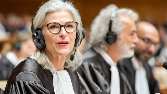 Medium shot of a judge interacting with a hybrid translation setup combining human interpreters and AI tools for accurate bilingual communication