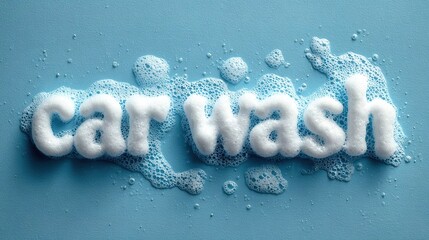 mock up with inscription "Car Wash" written in thick soapy foam on a blue background. Banner with copy space for car service and maintenance automobile