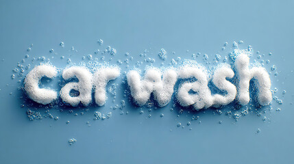 mock up with inscription "Car Wash" written in thick soapy foam on a blue background. Banner with copy space for car service and maintenance automobile