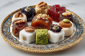 Assorted traditional Middle Eastern sweets on ornate gold plate