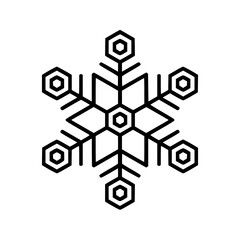 Fototapeta premium A detailed black and white line art illustration of a symmetrical snowflake, showcasing intricate geometric patterns and hexagonal structures, representing winter and cold weather