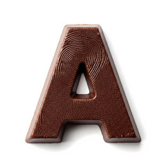 Extreme macro photograph of a capital letter A made of dark chocolate, isolated on white, showcasing hyper-detailed texture and studio lighting, with copy space