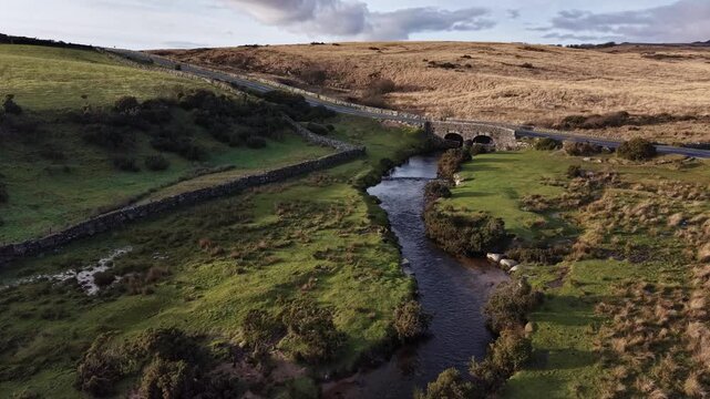 Streams flow through the Devon moor at Dartmoor