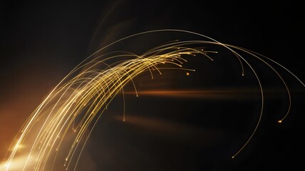 Vibrant golden light trails arc across dark background