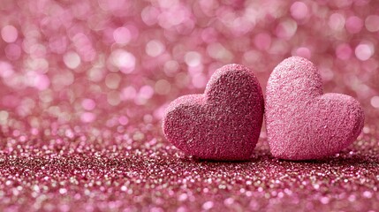 Fototapeta premium Two pink glitter hearts sitting on a sparkly pink background with a bokeh effect
