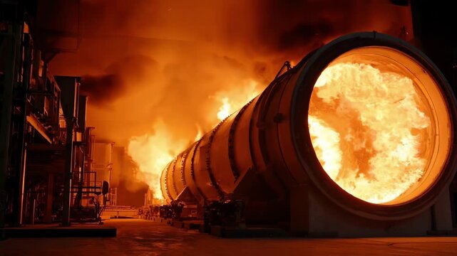 Medium shot of a rotary kiln incinerator in operation showing hightemperature waste destruction with glowing flames and rotating cylindrical drum enhancing thermal treatment.