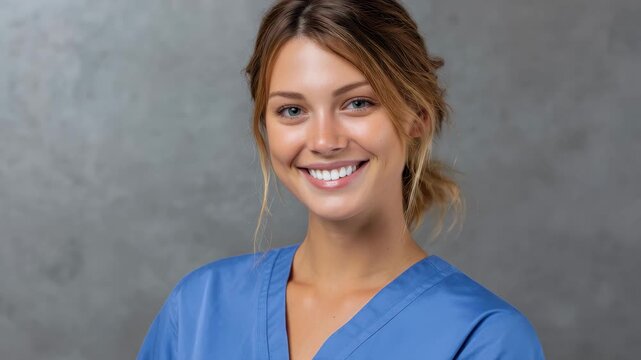Smiling Caucasian female nurse in blue scrubs conveys warmth and professionalism while working in a clinical environment